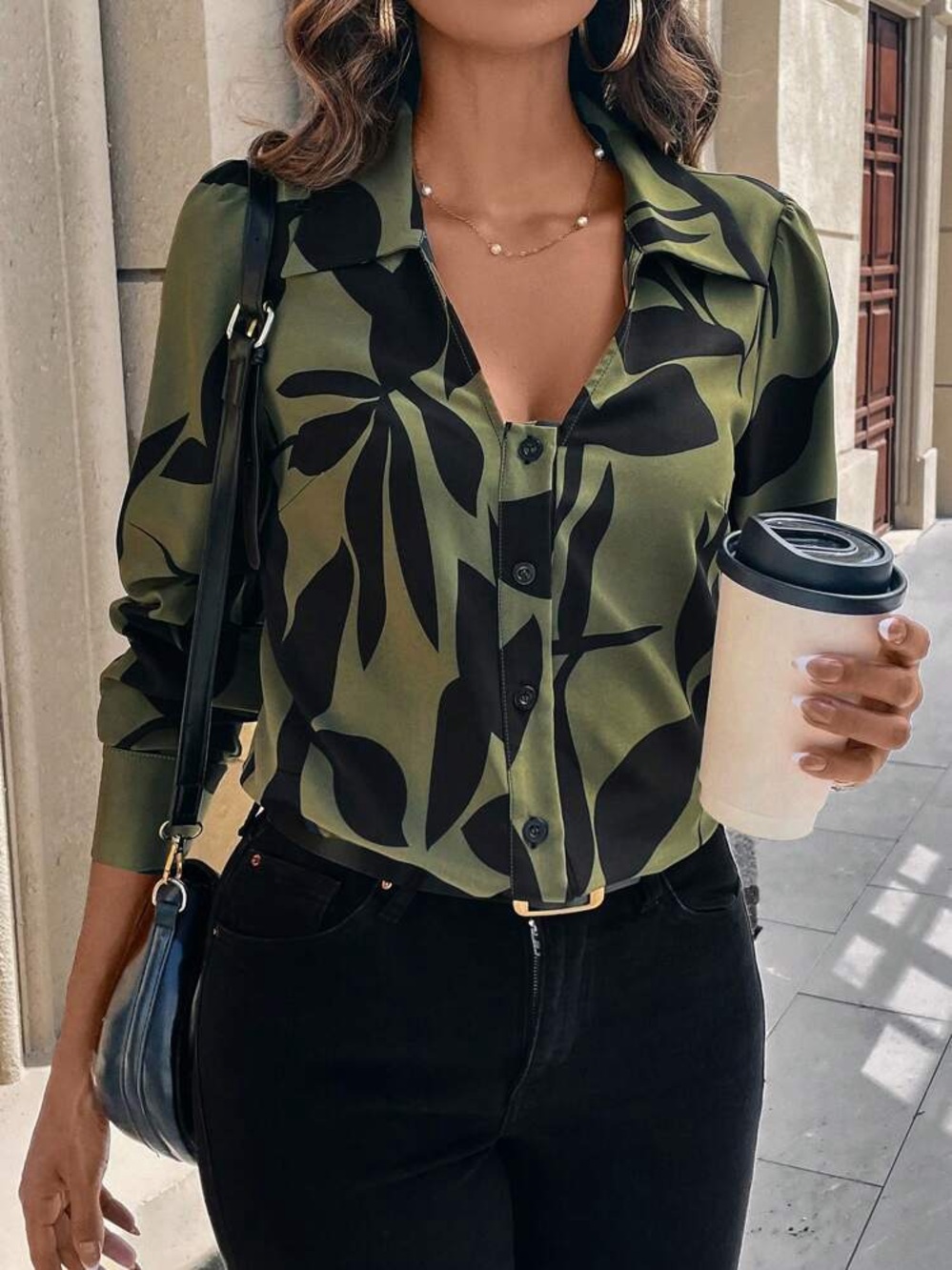 (B2) NWOT SHEIN LUNE Olive Green Leaf Print Button Up Blouse M – Chic Office